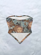 Women'S Spring/Summer New Brand Special Boho Beach Tropical Vacation Outfits | Retro Sun Pattern Print Slim Fit Bustier Crop Tops with Asymmetrical Bandeau Collar - Bright Steel Blue