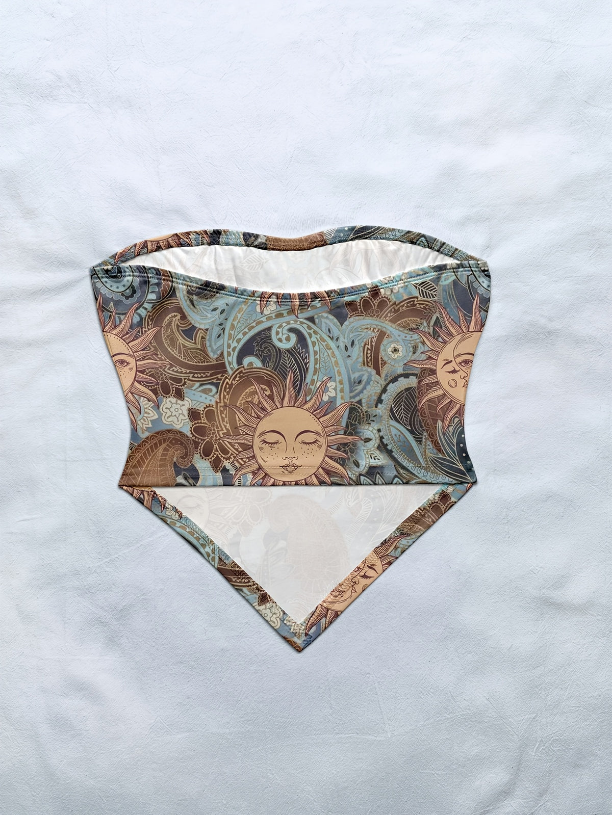 Women'S Spring/Summer New Brand Special Boho Beach Tropical Vacation Outfits | Retro Sun Pattern Print Slim Fit Bustier Crop Tops with Asymmetrical Bandeau Collar - Bright Steel Blue