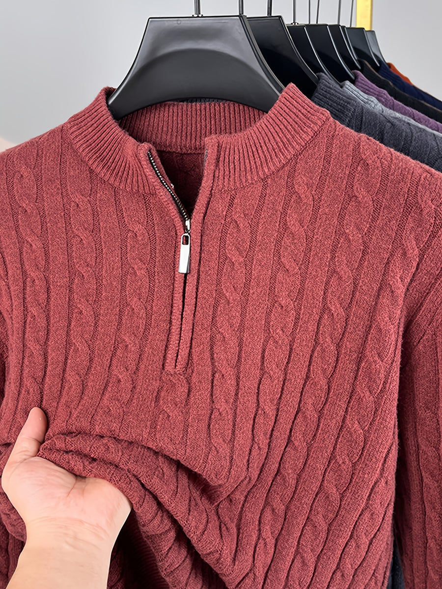 Men'S Half-Zip Jacquard Knit Sweater, Retro Luxury, Breaking The Monotony of Middle-Aged Sweaters, Suitable for Business Casual - SINBOS - Brick Red