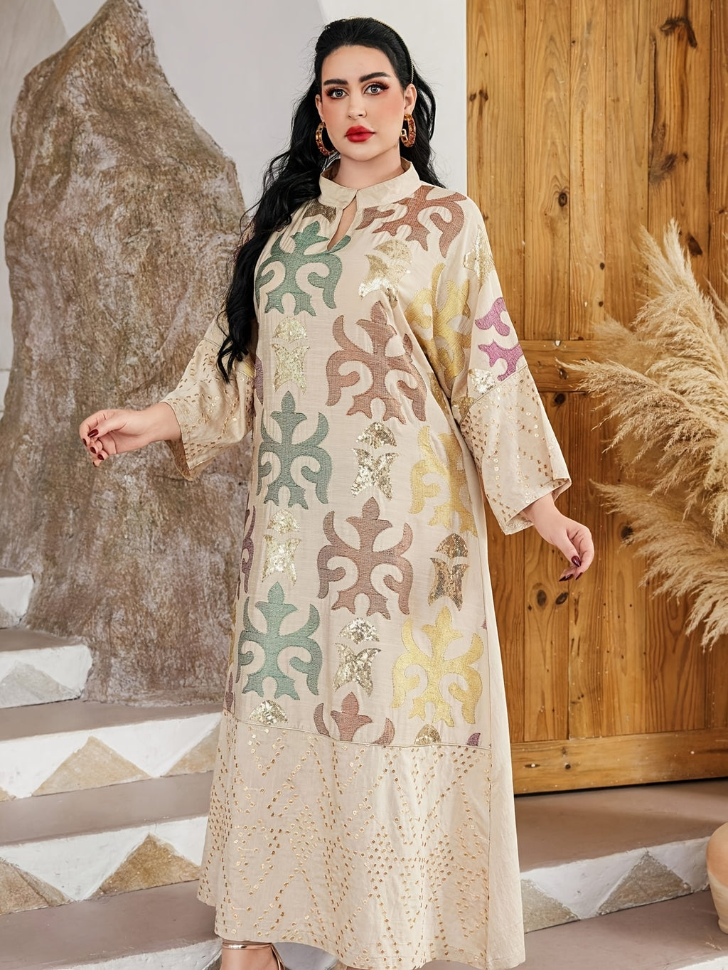 Elegant Multi-Color Directional Heavy Industry Golden Colorful Beaded Arabic Women's Dress, 2026 Summer/Autumn Women's Holiday Party Attire, Jalabiya Small V-Neck Long Sleeve Colorful Geometric Pattern Black Robe, Fashionable, Elegant - Apricot