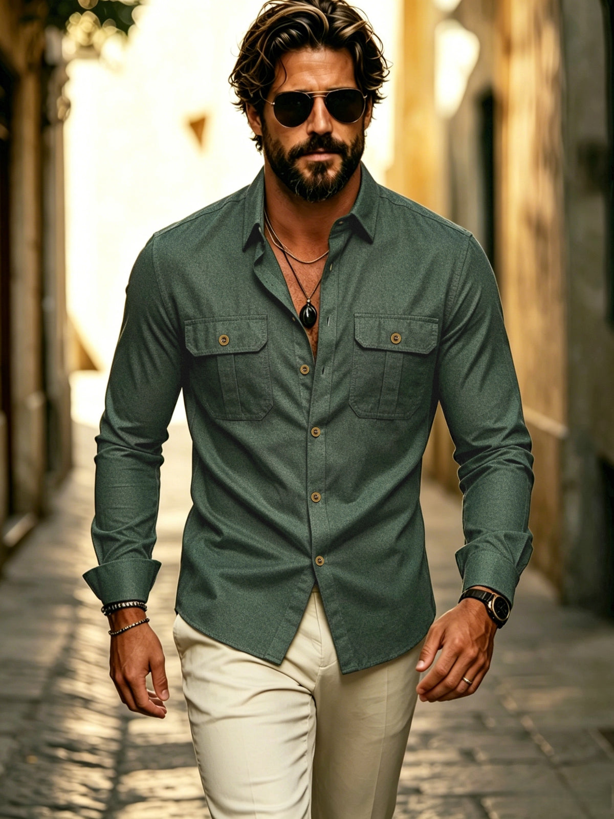 Men's Practical Workwear Shirt, Oxford Cloth Material, with Two Front Pockets and Bronze-colored Buttons, Meticulously Stitched, Loose Fit, Men's Casual Outdoor Shirt, Old-money Style Top, Smart Casual - Olive Green
