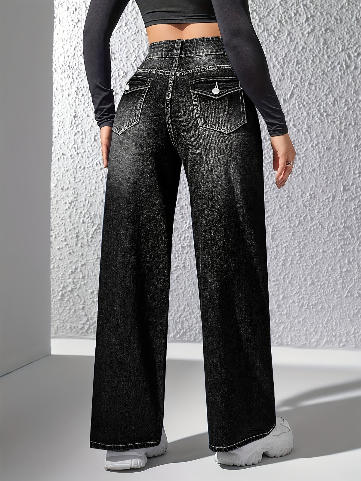 Black Casual Stylish High-Waisted Stretchy Slim-Fit Straight-Leg Jeans for Women with Double-Button Design - Black