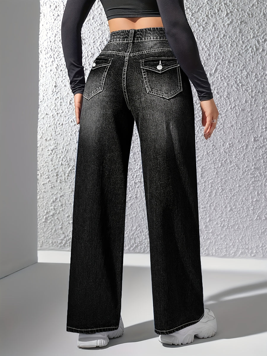 Black Casual Stylish High-Waisted Stretchy Slim-Fit Straight-Leg Jeans for Women with Double-Button Design - Black