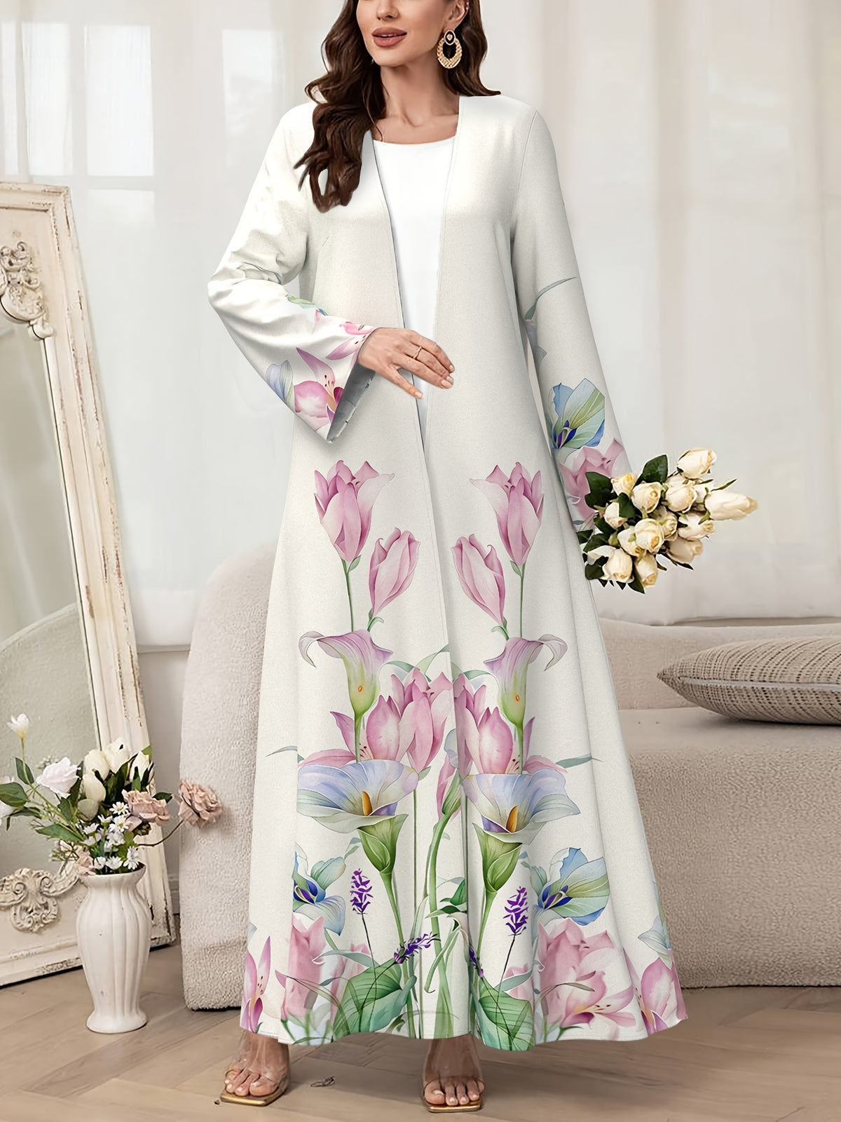 Dubai Muslim Abaya for Women - Fashionable Floral Print Loose Long Cardigan, Elegant Outerwear Dress - Multicolor