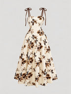 Women's Apricot-colored A-line Dress with Brown Floral Pattern, Thin Straps, and Waist Design. Perfect for Vacations, Commuting, Music Festivals, Dates, French Bohemian Style, Beach Outings, Streetwear, Versatile Wear, and Spring/summer Seasons - Mixed colors