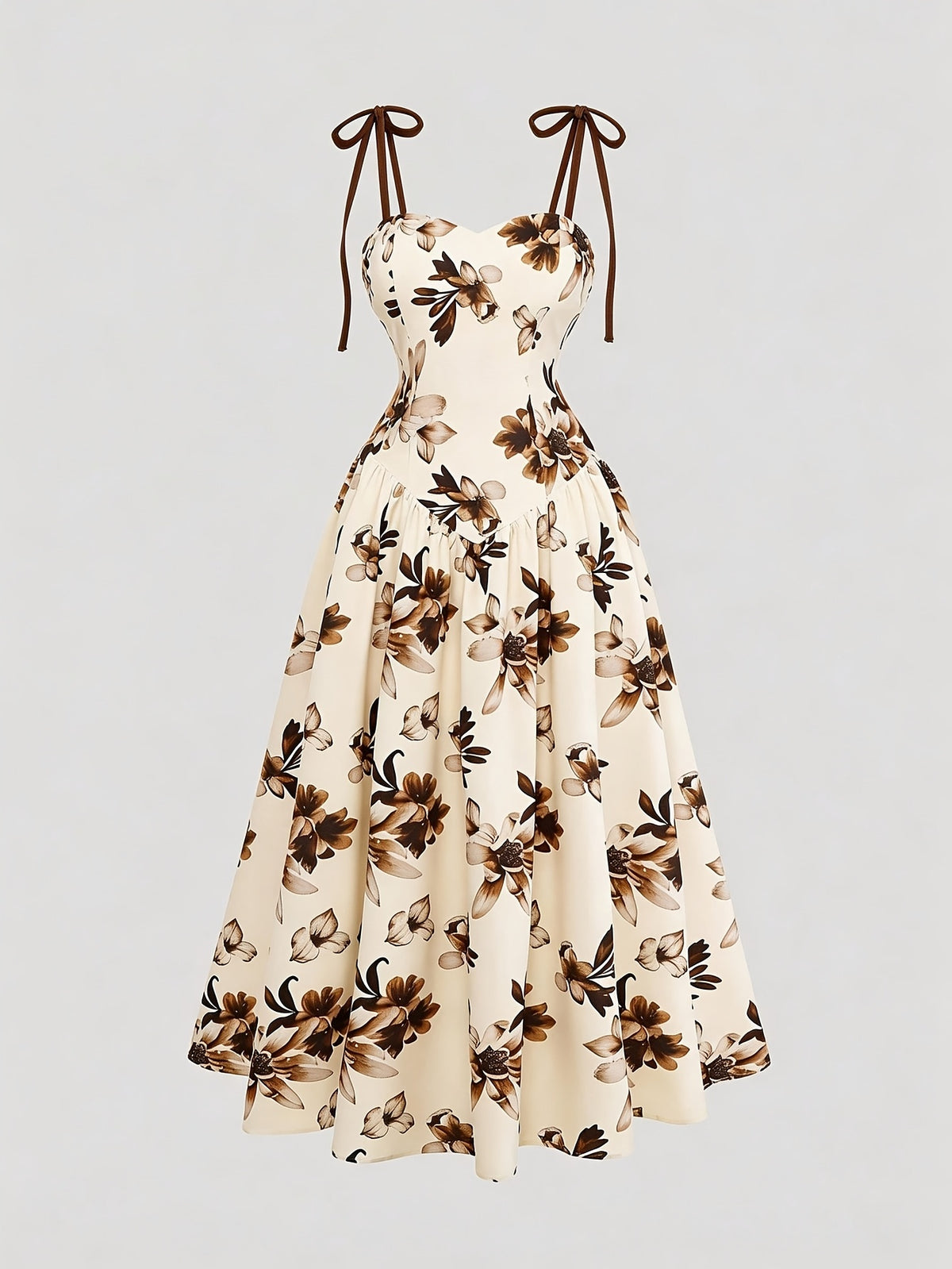 Women's Apricot-colored A-line Dress with Brown Floral Pattern, Thin Straps, and Waist Design. Perfect for Vacations, Commuting, Music Festivals, Dates, French Bohemian Style, Beach Outings, Streetwear, Versatile Wear, and Spring/summer Seasons - Mixed colors