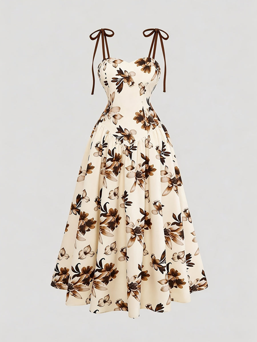 Women's Apricot-colored A-line Dress with Brown Floral Pattern, Thin Straps, and Waist Design. Perfect for Vacations, Commuting, Music Festivals, Dates, French Bohemian Style, Beach Outings, Streetwear, Versatile Wear, and Spring/summer Seasons - Mixed colors