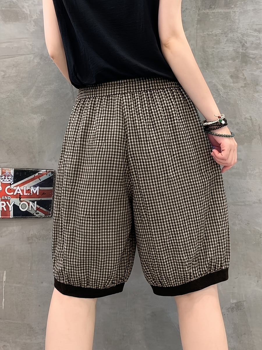 Women's Summer Plaid Casual Pants with Elastic Waist, Loose Fit, Effect, and Contrast Color Five-Point Shorts - Black