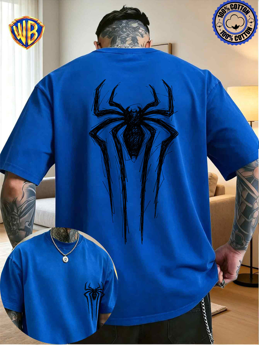 Unisex T-shirt Featuring a Niche Dark Aesthetic with Hand-painted Front and Back Dual-position Combination Prints, Creating a Low-key, Cool, Eye-catching, and Trendy Campus Style - Blue