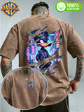 Warner Bros Official, 1pc, 100% Cotton Washed Vintage Distressed Short-Sleeve T-Shirt, American-Style Torn Paper Scratch Cyberpunk Cool Duck Streetwear Trend Top, Double-Sided Front and Back Print, Men's Casual Comfortable Versatile Loose Summer - Coffee Brown