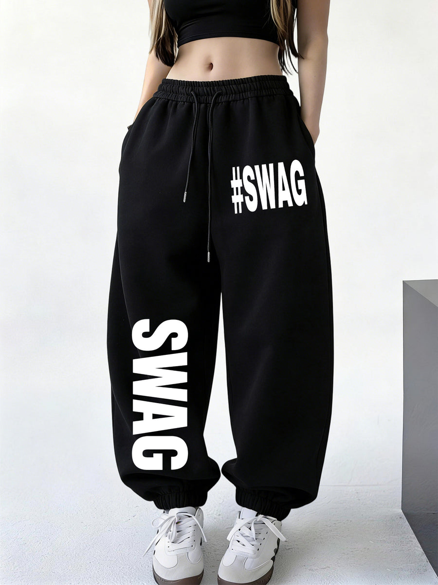 Spring/Winter New Women's Jogger Pants with Cuffed Hem, White Printed Casual Trousers. Made of Easy-care, Soft, and Warm Fabric, Machine Washable. Features Letter Print for Home Wear, Suitable for Travel, Home, and Outdoor Outings. Solid Color - Black