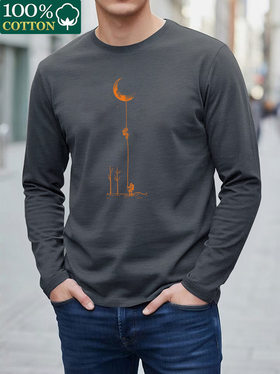 100% Cotton Men's Long-sleeve T-shirt, Featuring Trendy Printed Patterns, Comfortable and Breathable for All-season Wear, an Essential for Casual Outings, and Machine Washable - Dark Gray