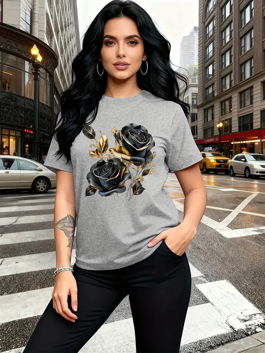 A Stylish And Breathable T-Shirt Featuring a Luxurious Vintage Design with a Black And Golden Rose Pattern, Perfect for Family Trips, Campus Events, Casual, Daily Commutes, Matching Outfits for Sisters, And Versatile Wear - Light Grey