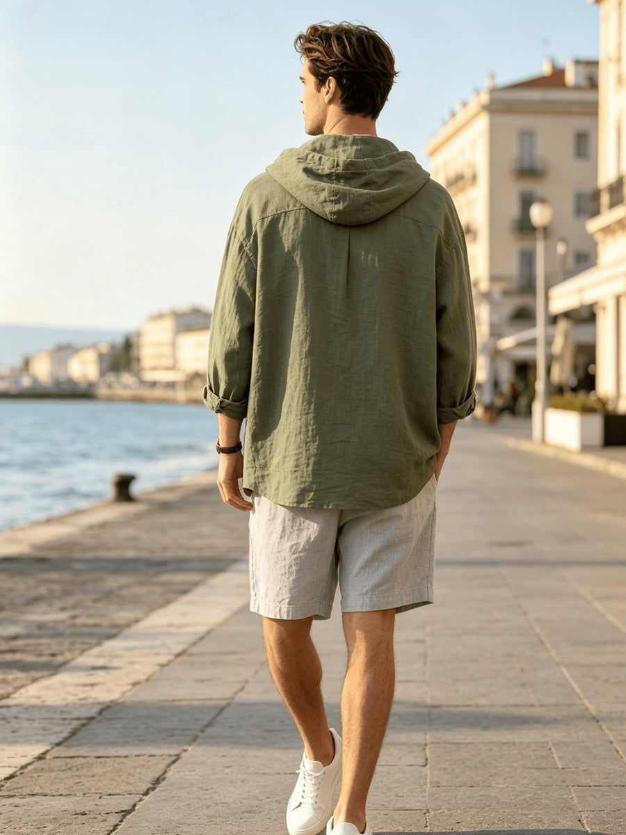2026 New Men's Hooded Shirt, Soft and Breathable Linen Fabric, for Vacation, Travel, Leisure, Outdoor Fishing, and Beach - Olive Green