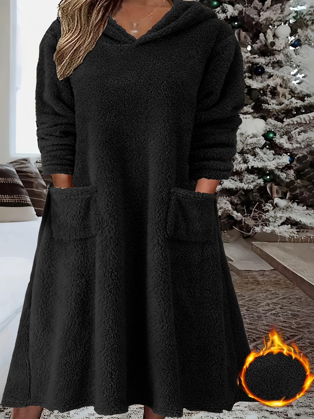 Plus Size - Plus Size - Fashionable Plus-Size Women'S Clothing from Europe And America, Featuring a Fitted, Warm, Plush Dress with a Hood - Black