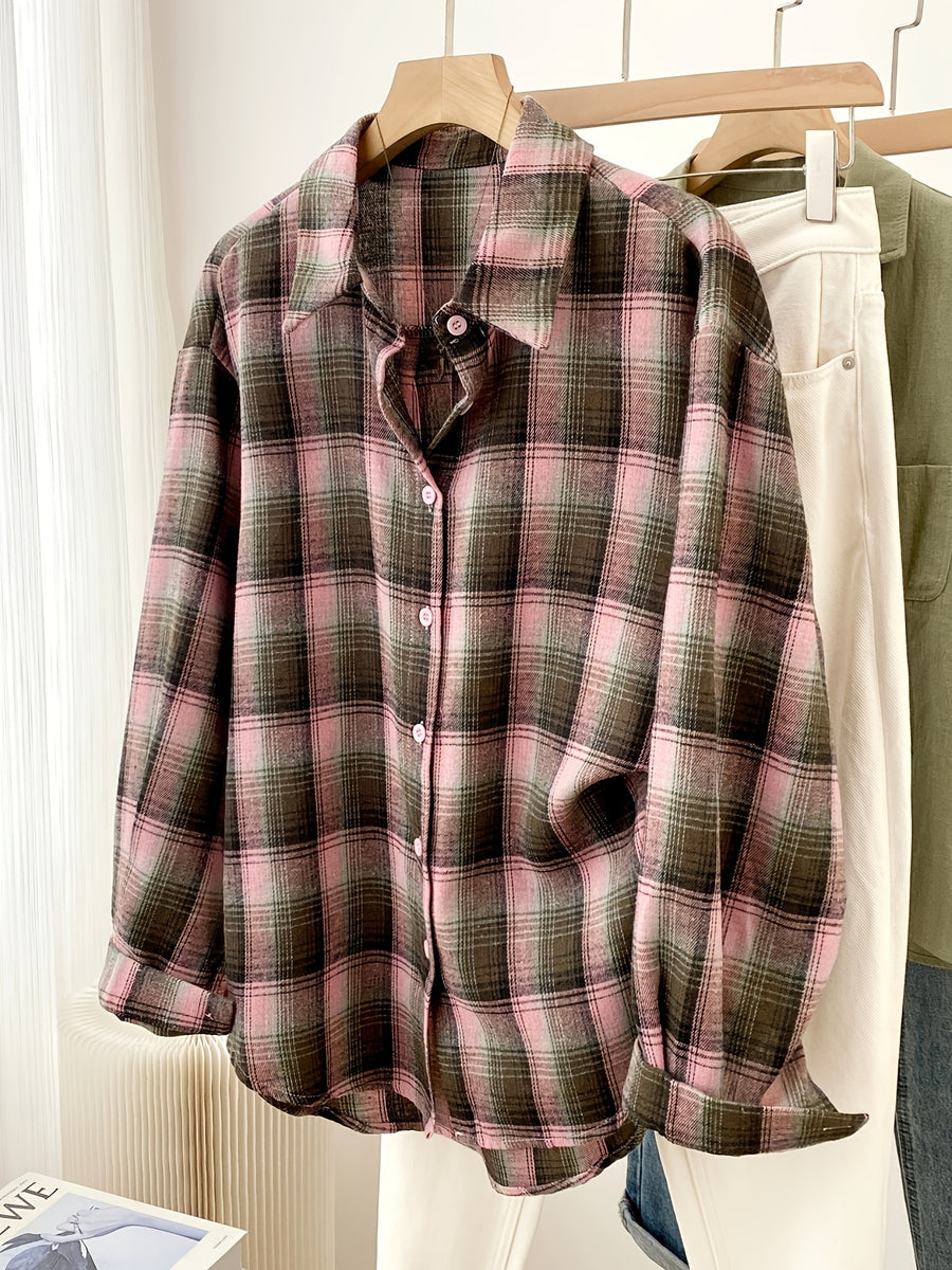 Women'S Shirt Multicolor Brushed Plaid Shirt Loose Top - Pink Greenish