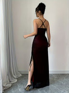 New Spring/Summer Mesh Spaghetti Strap Long Dress for Women, Cross-Back Backless Pleated Slit Slim Fit Hip-Hugging Sexy Banquet Gown - Red