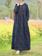 Plus Size, Plus Size Women Floral Print Maxi Dress Oversized Long Sleeve Crew Neck Vintage Holiday Casual Loose Long Dresses - Black