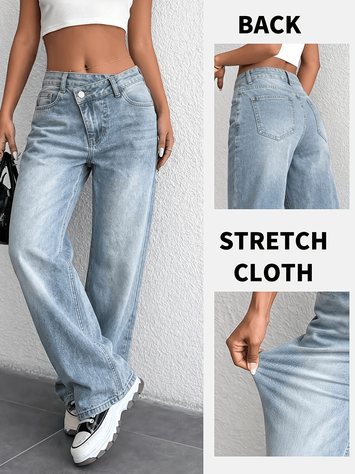 Women's 26AW+ Stretch Denim Pants — Light Blue with Irregular Waistband, Suitable for Both Casual and Formal Wear, Machine Washable, All-season Versatility, Ideal for Weekend Outfits, Elegant Style, Comfortable Fabric - Light Blue