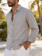 Single Piece Loose and Comfortable Men's Long Sleeved Shirt, with a Simple and Versatile Solid Color Style, Button Opening and Closing Design, Suitable for Casual Daily Wear. - Grey