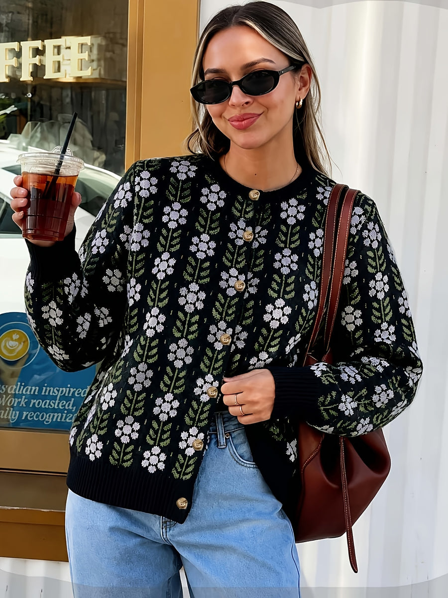 Cream-based Orange and Blue Floral Cardigan, Women's Round Neck Vintage Pastoral Style Loose Layering Top Coat - Black