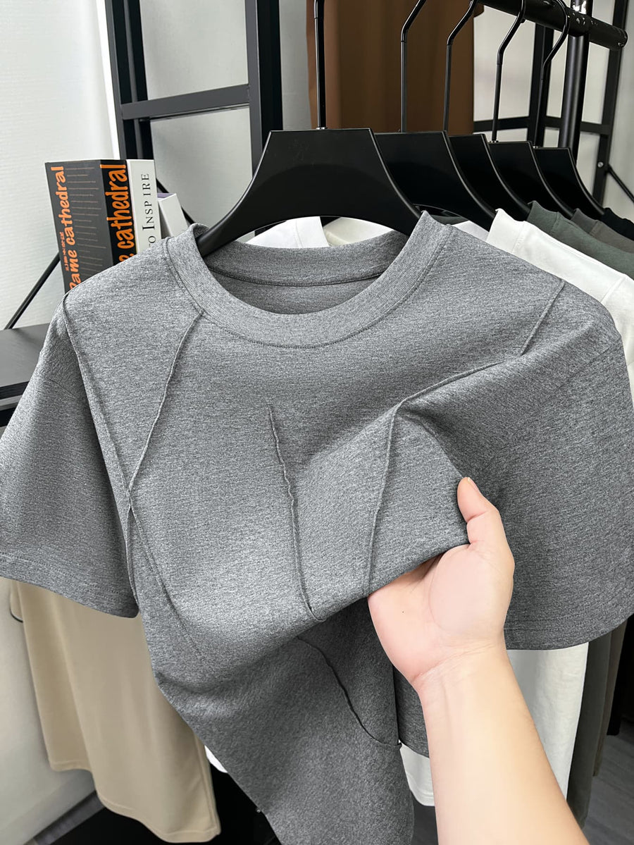 Men'S Spring Summer New Solid Stripe Cross Design Sense No Print Light Luxury Atmospheric Mid-Aged Men'S T-Shirt Short Sleeve Trendy Fashion Easy Style Fashionable Short T-Shirt Premium Comfortable Skin-Friendly Thin Cool Breathable Men'S Pure Offic - Grey