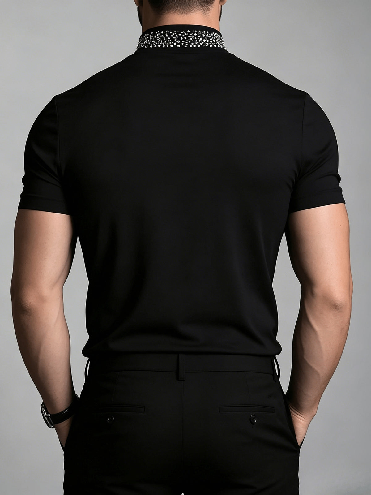 Rhinestone Embellished Mock Neck Short Sleeve T-Shirt - Black