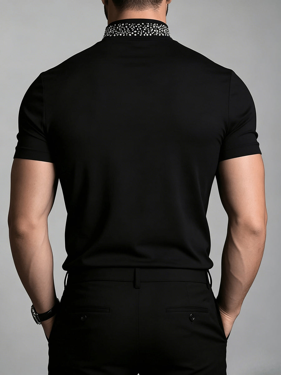 Rhinestone Embellished Mock Neck Short Sleeve T-Shirt - Black