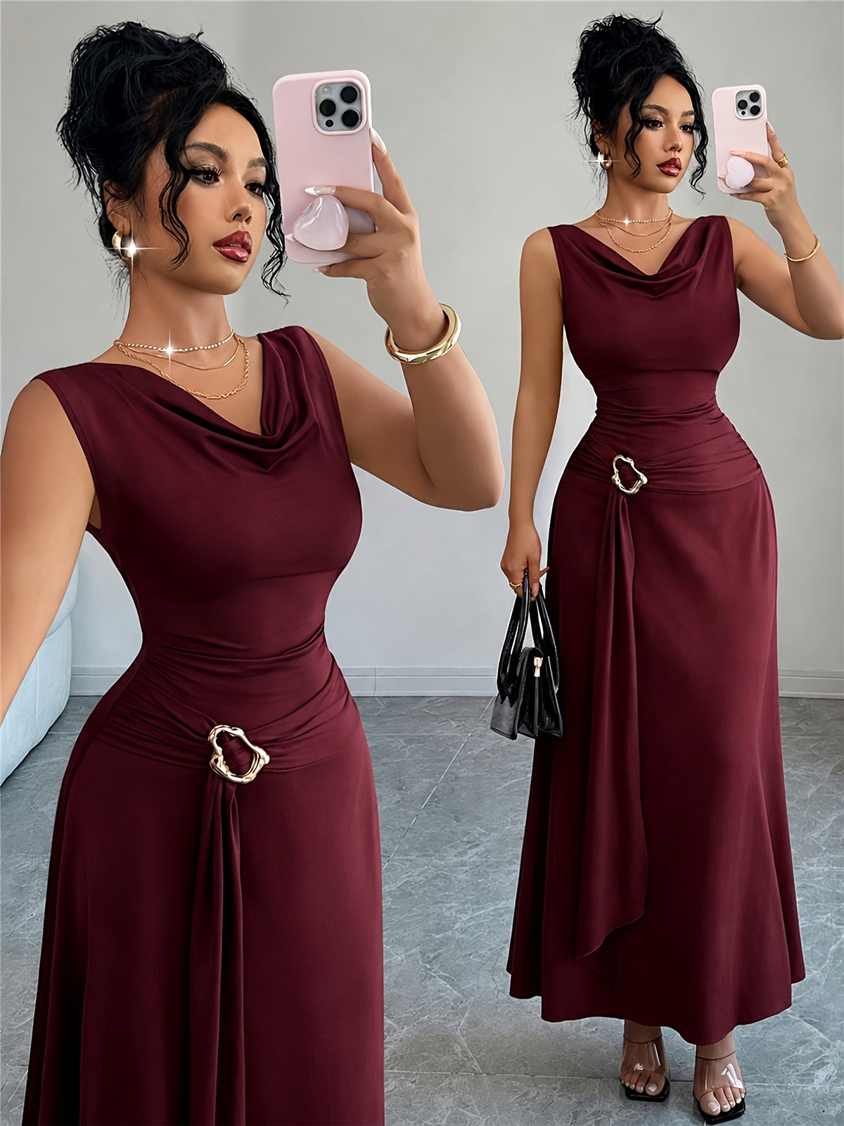 Sleeveless Puff Sleeve Dress Women'S Metallic Buckle Waist-Cinching Bodycon Skirt Elegant Temperament Evening Date Dress Long Dress - Burgundy