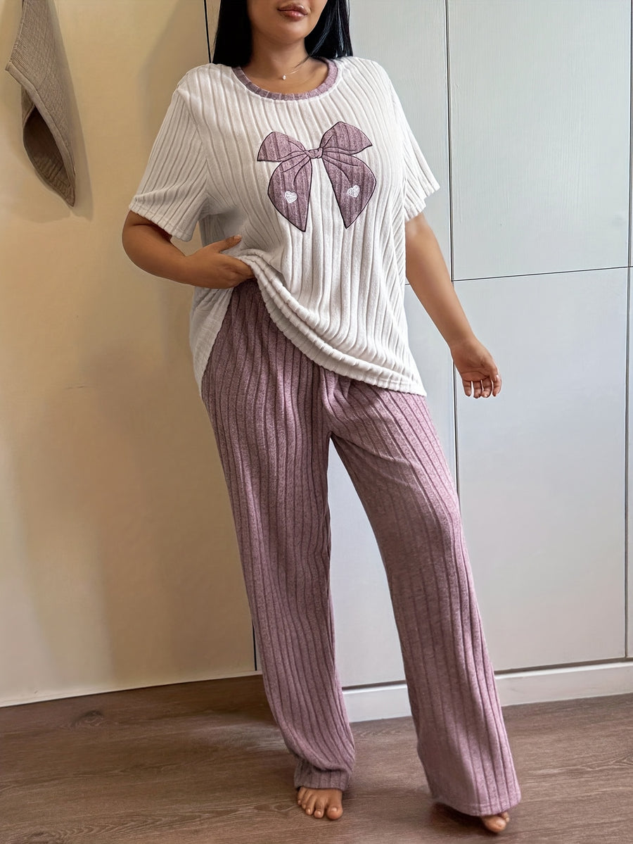 Plus Size Women'S Elegant Soft Comfortable Bow Pattern And Heart Embroidery Short Sleeve And Long Pants Home Wear Set - Multicolor