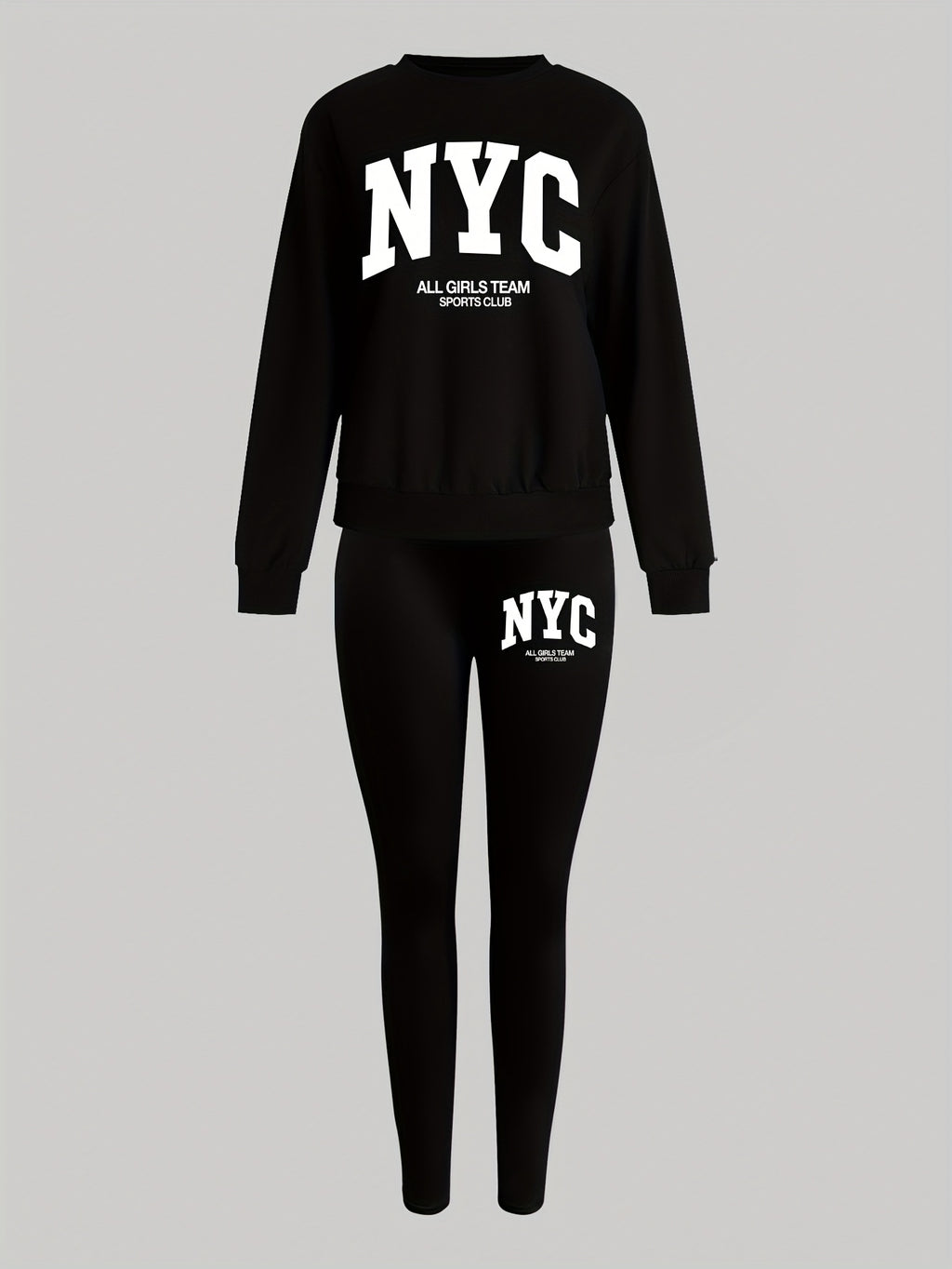 1014Gwen, 1 Set of Casual Women's Sweatshirt Set, 2pcs, Letter Print, Round Neck Long Sleeve Sweatshirt, Long Leggings, Can Be Worn Alone or as a Layering Piece, Suitable for Autumn and Winter, Women's Clothing - Black