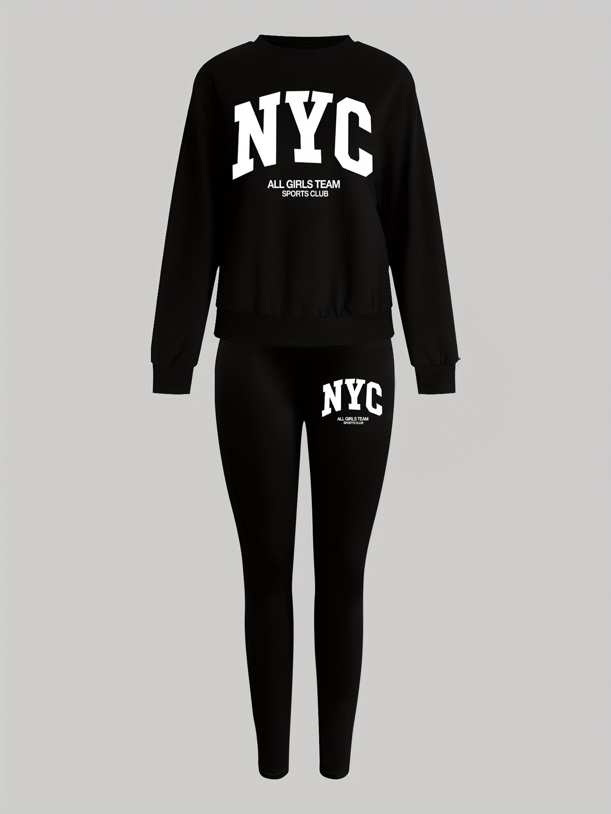 1014Gwen, 1 Set of Casual Women's Sweatshirt Set, 2pcs, Letter Print, Round Neck Long Sleeve Sweatshirt, Long Leggings, Can Be Worn Alone or as a Layering Piece, Suitable for Autumn and Winter, Women's Clothing - Black