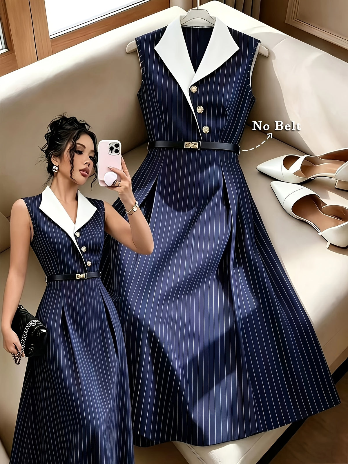 Women'S Navy Blue Striped White Contrast Collar with Golden Buttons And Cinched Waist A-Line Long Dress, Charming Elegant Choice for Daily Commute, Suitable for Office, Light Business, Weekend Outings, And Dates, Perfect for Spring Summer Fall - Navy Color