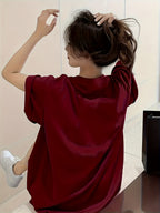 Women's Oversized T-Shirt - Loose Fit Short Sleeve Top with Letter '' Print, Round Neck Casual Summer Blouse for Spring Summer Fall, Breathable Casual Attire (Hand Washable) - Burgundy