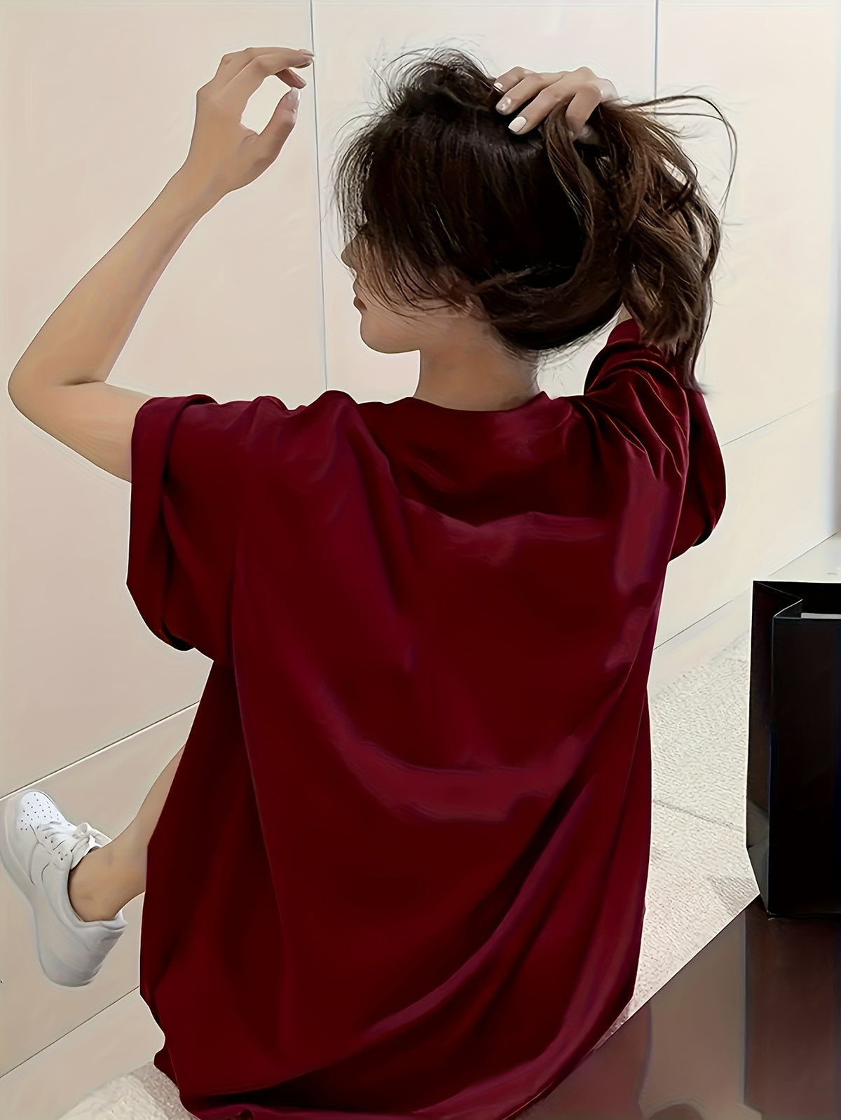 Women's Oversized T-Shirt - Loose Fit Short Sleeve Top with Letter '' Print, Round Neck Casual Summer Blouse for Spring Summer Fall, Breathable Casual Attire (Hand Washable) - Burgundy