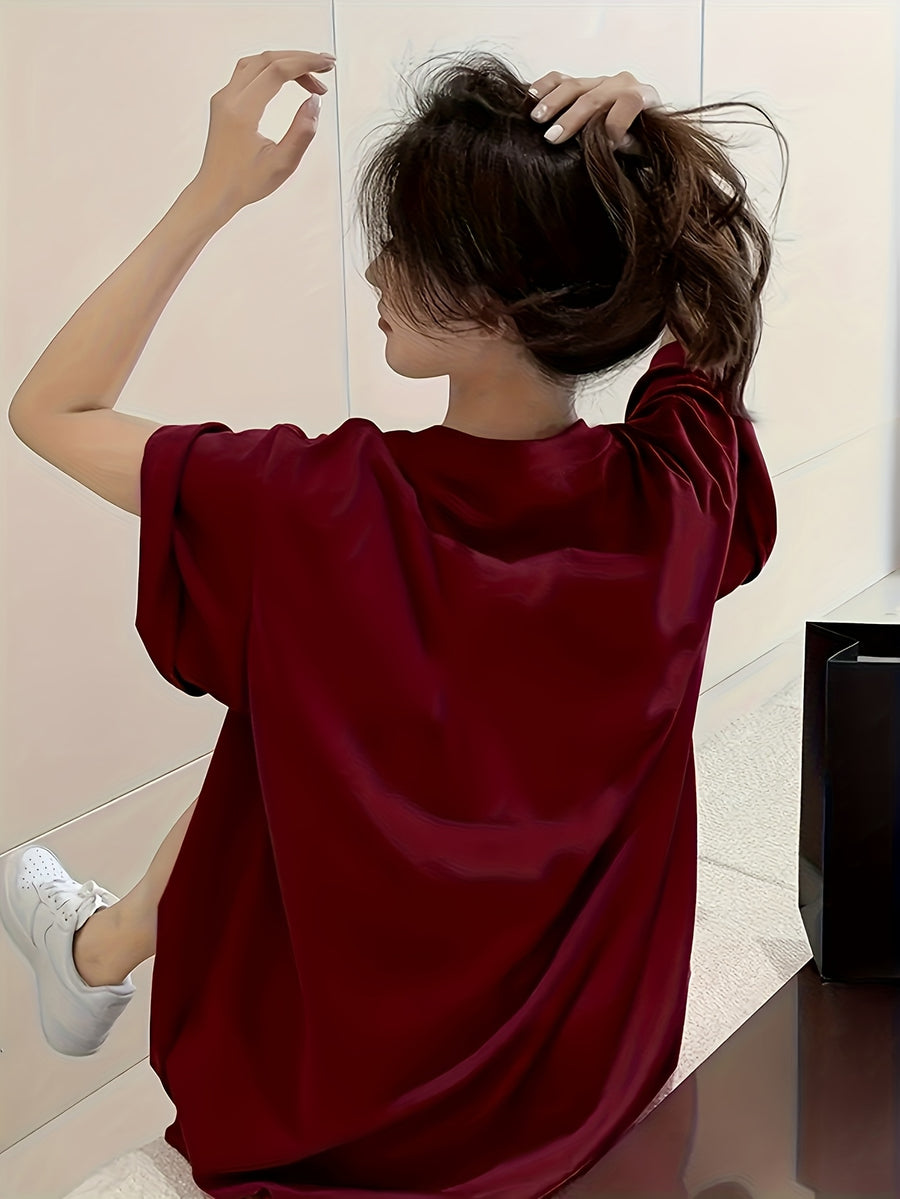Women's Oversized T-Shirt - Loose Fit Short Sleeve Top with Letter '' Print, Round Neck Casual Summer Blouse for Spring Summer Fall, Breathable Casual Attire (Hand Washable) - Burgundy