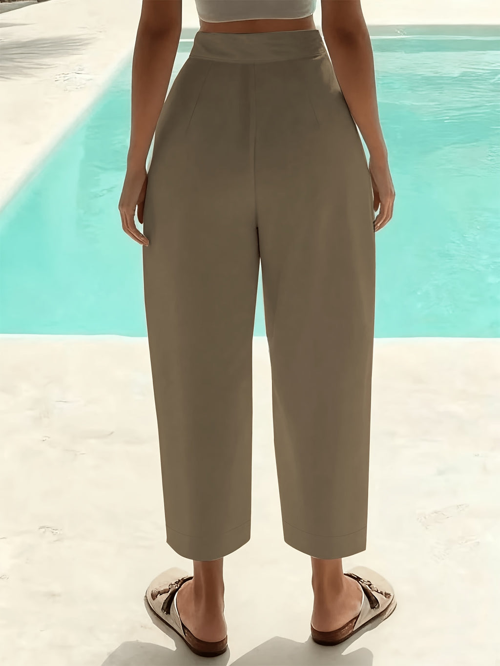 Women'S Casual Solid High-Waist Capri Pants - Comfortable Elastic Waist, Pocketed Perfect for Spring And Fall - Khaki