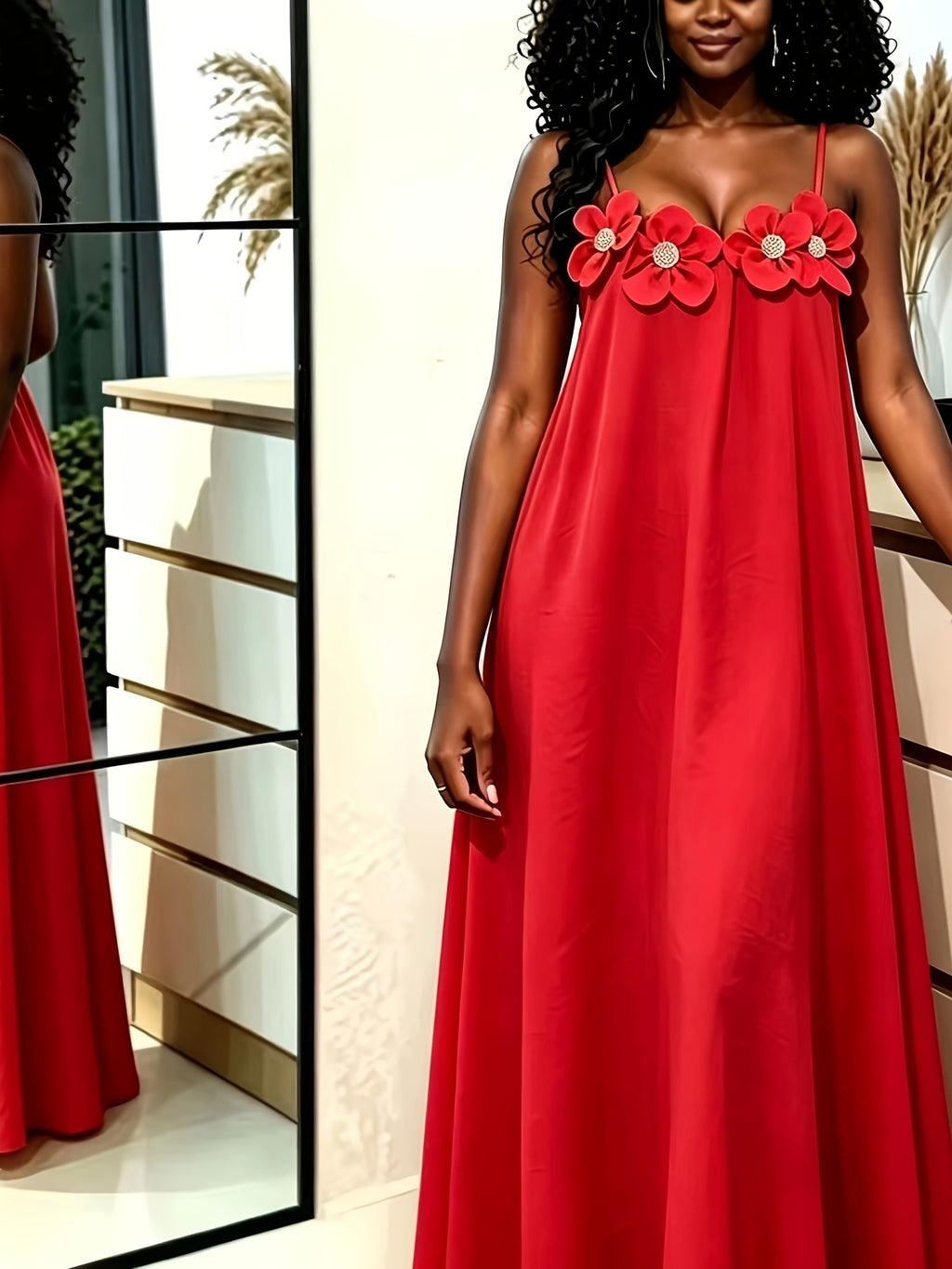 New Outing Party French Heavy Embroidery 3D Floral Sleeveless Cami Dress Loose Long Backless Vacation Light Dress - Red