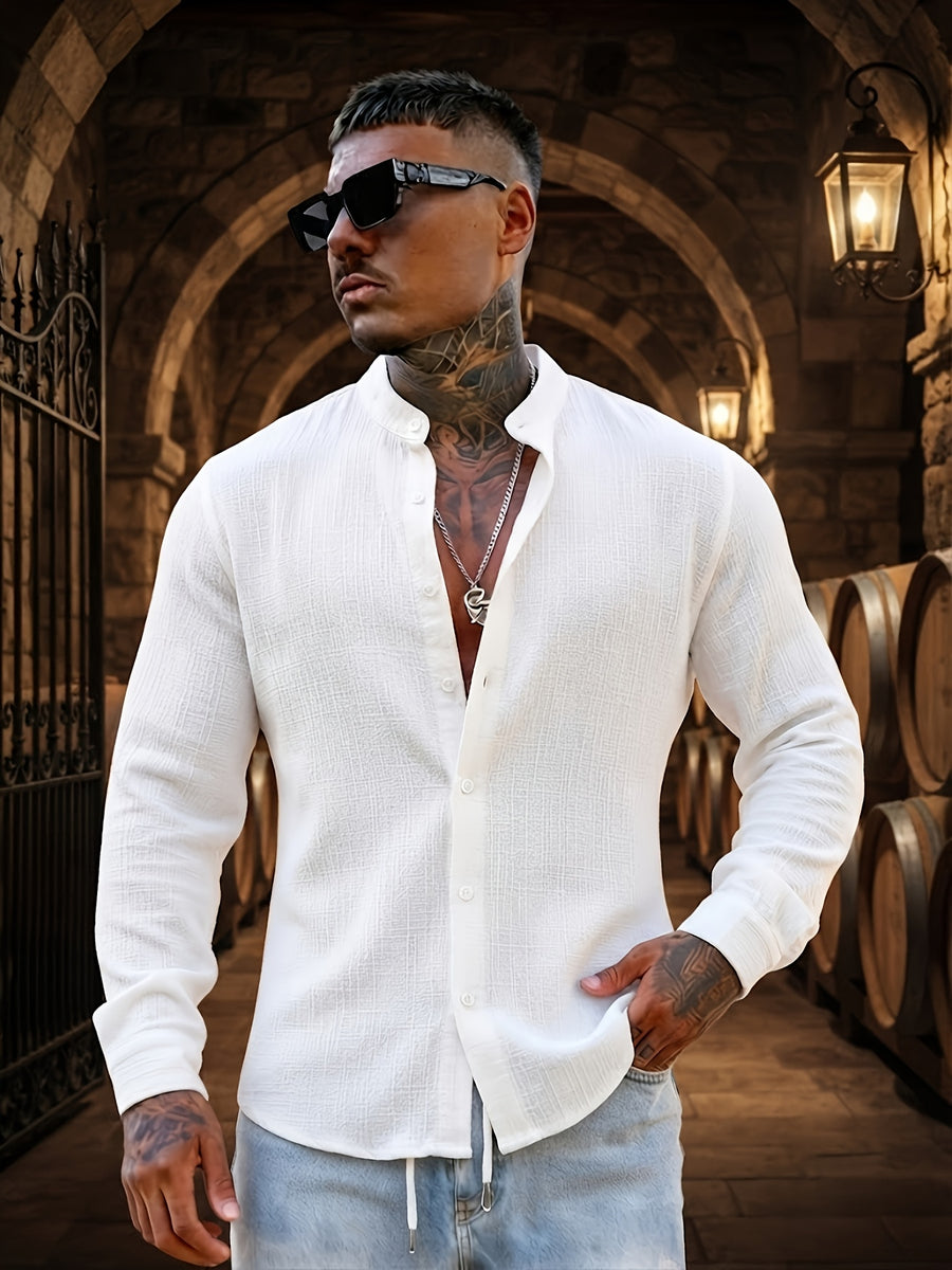 Men's Solid Color Casual Stand Collar Button- Long Sleeve Shirt. The Solid-colored Fabric Offers a Comfortable Feel, Making It a Great Gift for a Husband or Boyfriend for Home, Outings, Travel, and Beach Vacations. Men's Long Sleeves, Men's Tops - White