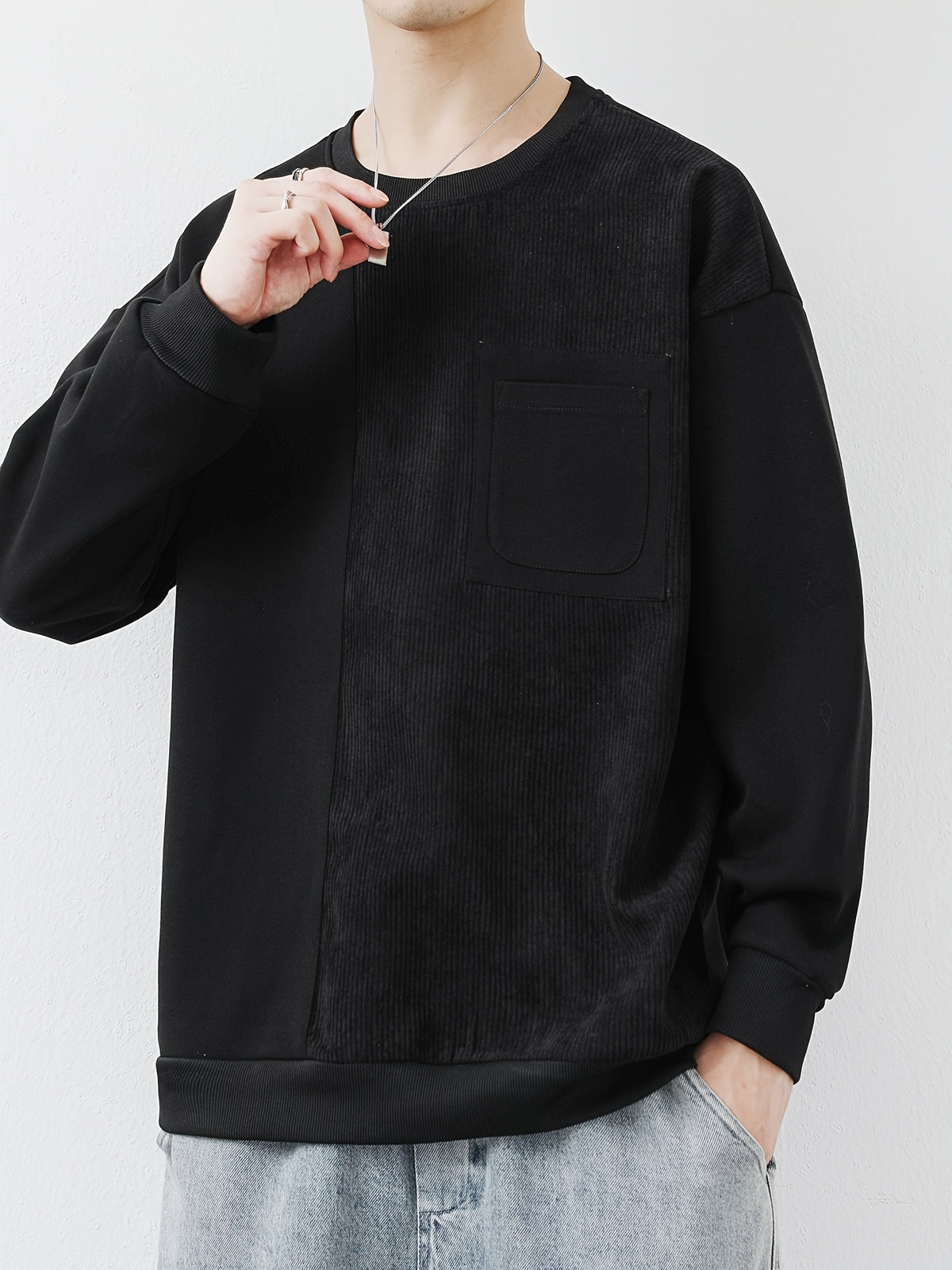 Shulei Water OBM Spring New Men'S Fashion Sweatshirt Round Neck Men'S Pullover Men'S Clothing Men'S Casual Athletic Wear - Black