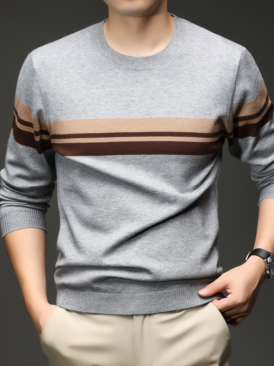 [Wading Whale OBM] Spring/Autumn New Men'S Knit Pullover Sweater, Old Money Style Color-Block Ribbed Round Neck Long Sleeve Knit Pullover for Men, Business Casual Fashion Ribbed Sweater, Suitable for Spring, Autumn, Winter Layering Or Inner Wear - Light Grey