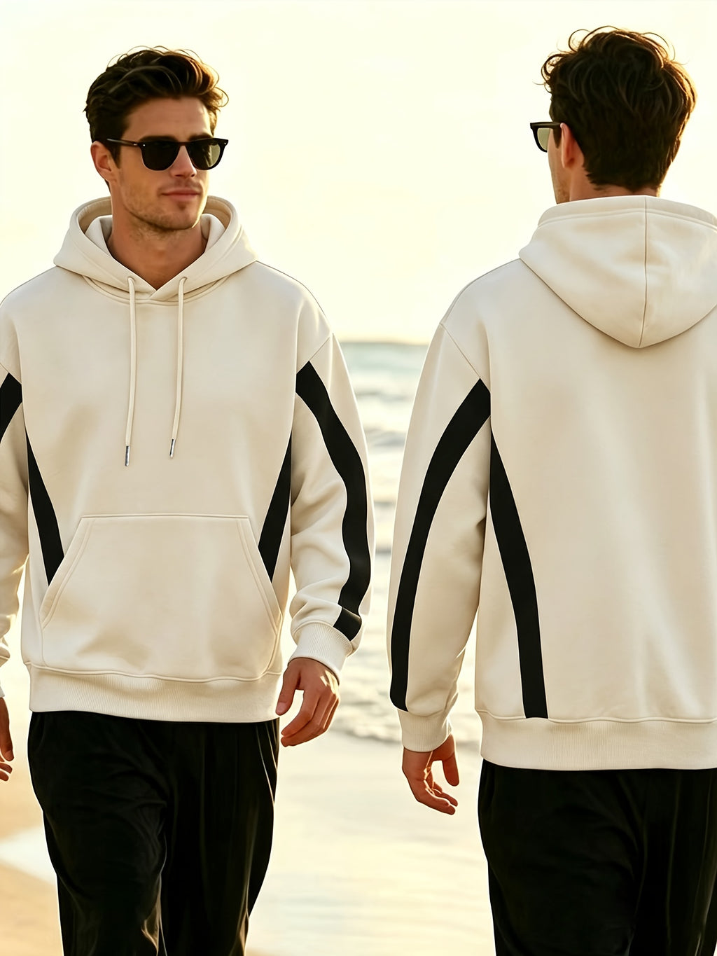 New Men'S Double Striped Hooded Sweatshirt with Loose Fit And Comfortable Pockets, Versatile And Trendy Hoodie for Daily Use - Apricot