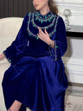 Ramadan Saudi Arabia Abaya Robe, Velvet Zipper Green Water Drop Rhinestone Middle Eastern Dress - Blue