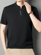 SaXing OBM New Spring/Summer Men's Polo Shirt, Solid Color Textured Ribbed Cable Knit Half-Placket Zipper Style Stand Collar Short Sleeve T-Shirt, Men's Business Casual Fashionable Breathable Versatile Henley Knit Pullover Base Layer Top - Black