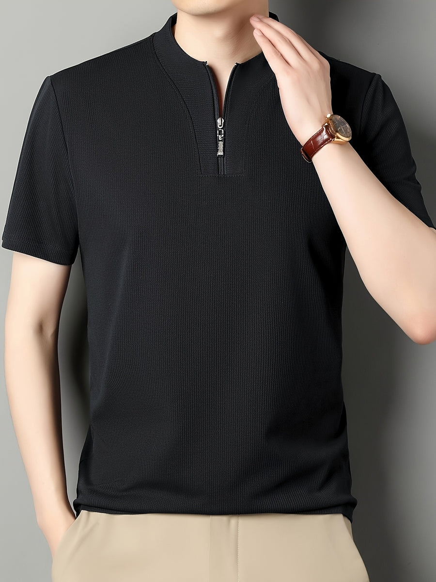 SaXing OBM New Spring/Summer Men's Polo Shirt, Solid Color Textured Ribbed Cable Knit Half-Placket Zipper Style Stand Collar Short Sleeve T-Shirt, Men's Business Casual Fashionable Breathable Versatile Henley Knit Pullover Base Layer Top - Black