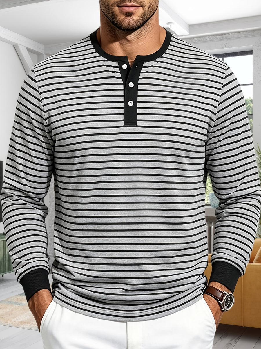 Men'S Spring Autumn Casual Loose Easy Striped Outdoor Commuter Long Sleeve Henley Shirt - Light Grey