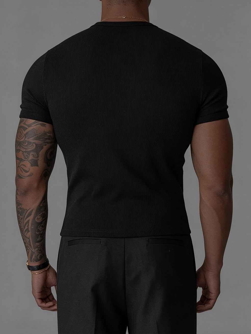 [Shule Water OBM] Men'S Ribbed Henley T-Shirt, Short Sleeve Slim Fit Base Layer Top, Textured Street Style Shirt, Fitness Commute Versatile Style, 2026 Summer New - Black