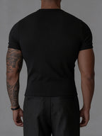 [Shule Water OBM] Men'S Ribbed Henley T-Shirt, Short Sleeve Slim Fit Base Layer Top, Textured Street Style Shirt, Fitness Commute Versatile Style, 2026 Summer New - Black