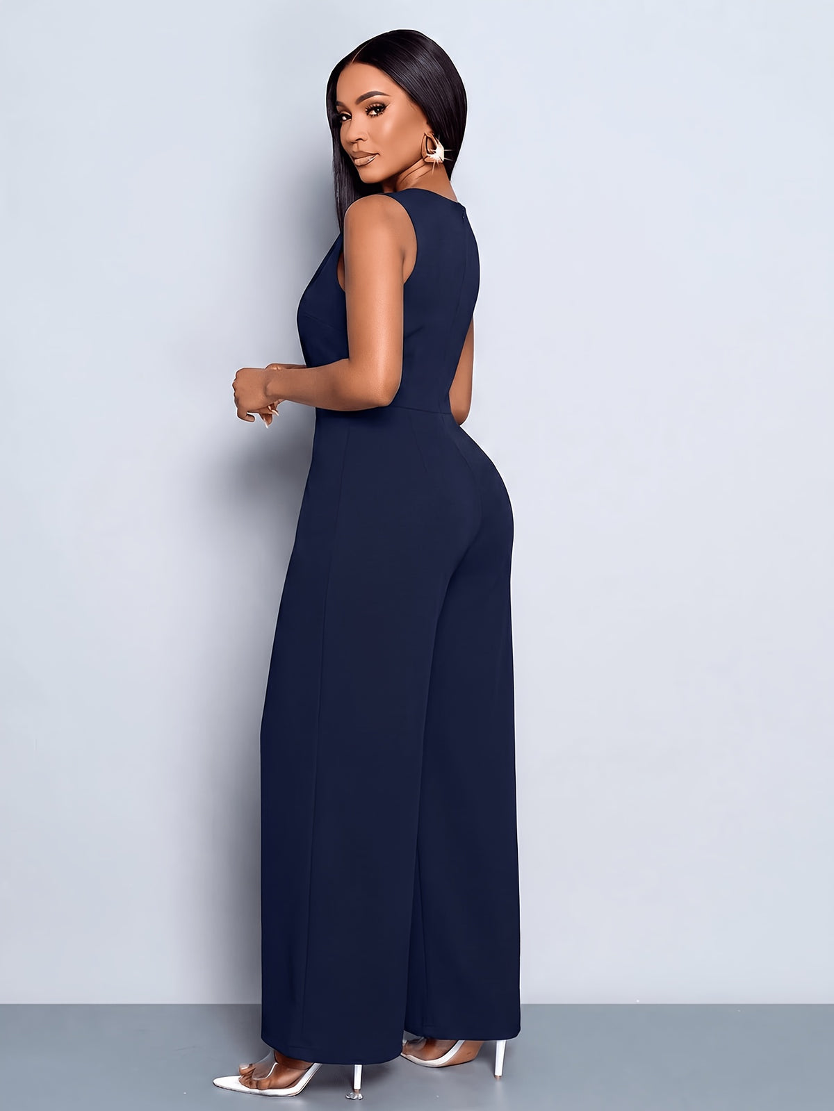 Women's Casual and Elegant Sleeveless Jumpsuit, Business Casual Wear, Simple Style Office Attire for Women - Navy Color
