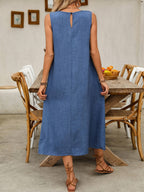 Women'S Solid Sleeveless Dress, with Double Pockets, Casual Holiday Style - Blue